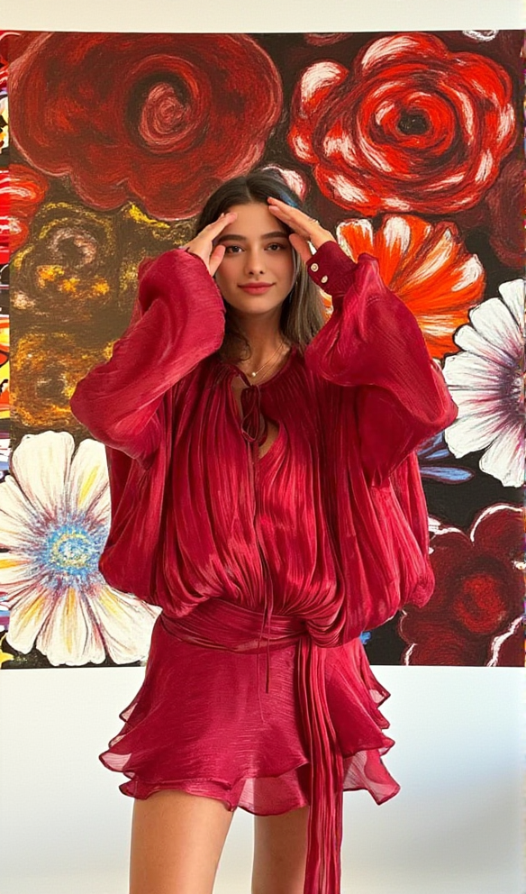 Red Long Sleeve Tie Mini Dress