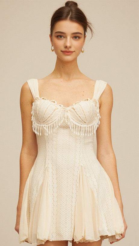 ATALANTA EMBELLISHED FLARED MINI DRESS IN CREAM-WHITE