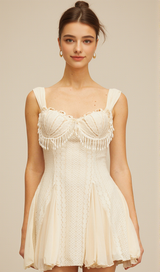 atalanta embellished flared mini dress in cream-white
