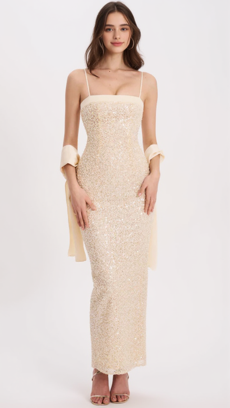 RAIZEL GOLD BEADED SEQUIN BODYCON GOWN WITH SCARF MAXI DRESS