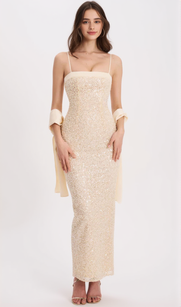 AIIZIE RAIZEL GOLD BEADED SEQUIN BODYCON GOWN WITH SCARF MAXI DRESS - product image