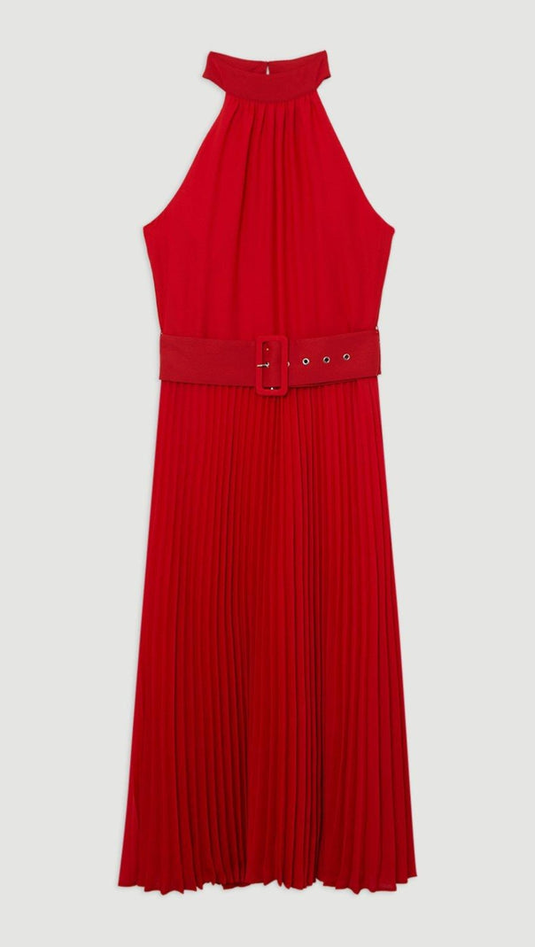 AIIZIE GEORGETTE BELTED PLEAT HALTER WOVEN MIDI DRESS - product image