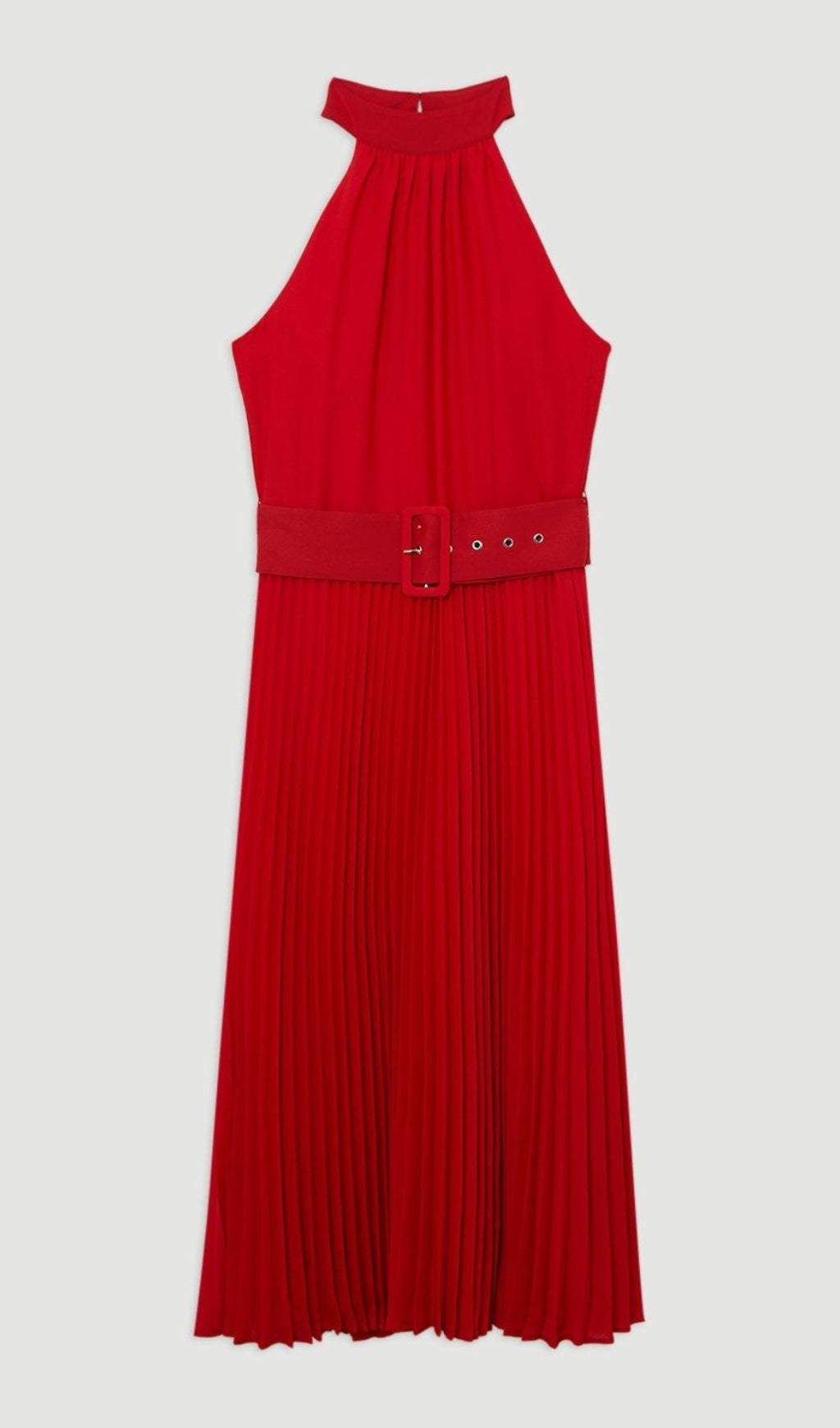 GEORGETTE BELTED PLEAT HALTER WOVEN MIDI DRESS