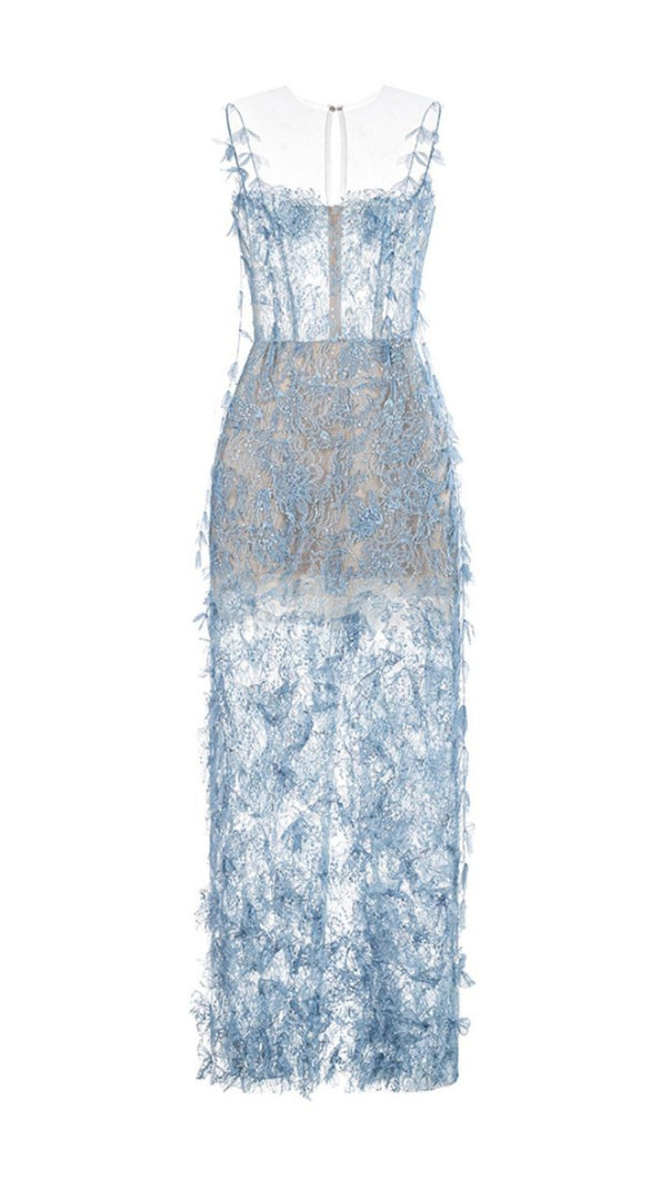 AIIZIE BLUE BEADED LACE PENCIL MIDI DRESS - product image