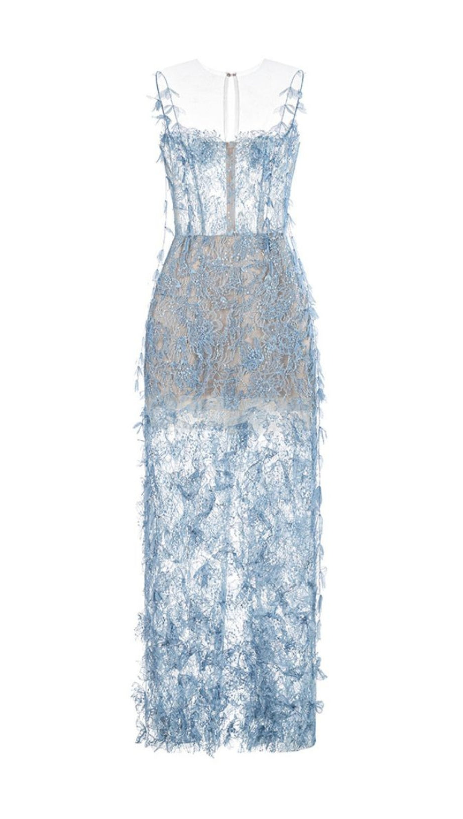 BLAUES MIDIKLEID AUS SPITZE MIT PERLEN
