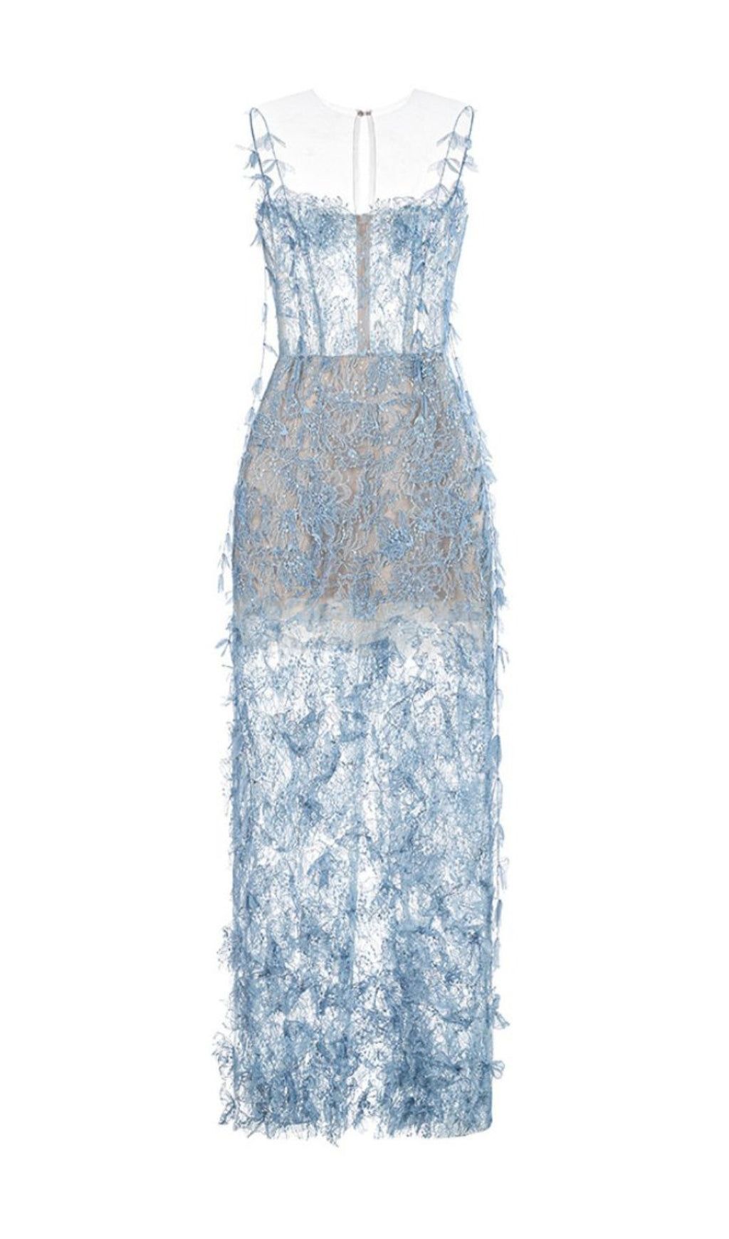 BLAUES MIDIKLEID AUS SPITZE MIT PERLEN