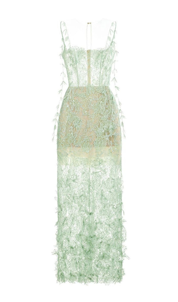 MINT BEADED LACE PENCIL MIDI DRESS