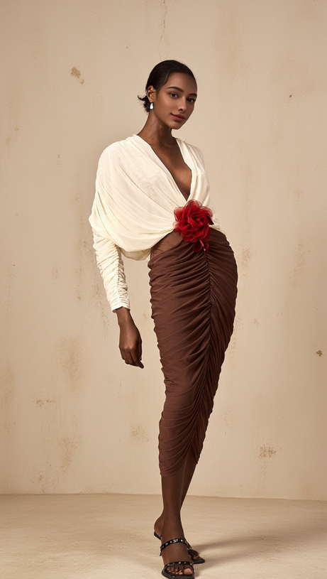 LONG SLEEVE TWO-TONE PLEATED MIDI DRESS IN BROWN