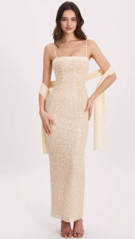 RAIZEL GOLD BEADED SEQUIN BODYCON GOWN WITH SCARF MAXI DRESS