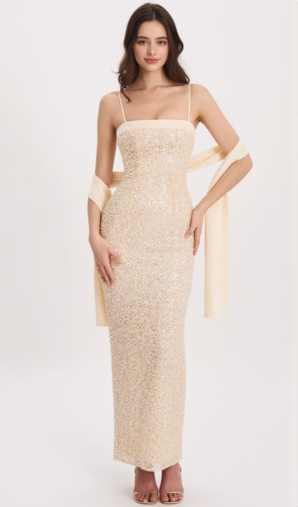 RAIZEL GOLD BEADED SEQUIN BODYCON GOWN WITH SCARF MAXI DRESS