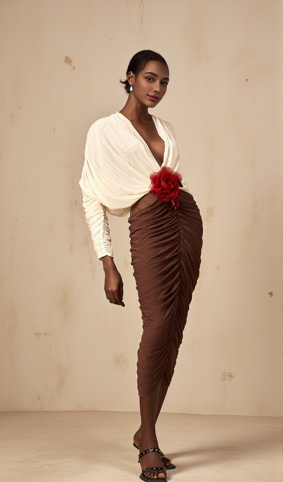 Long Sleeve Two-Tone pleated Midi Dress in Brown