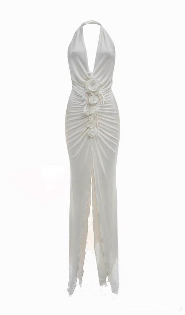 Sexy Sleeveless High Slit Long Skirt with Three-Dimensional Flowers