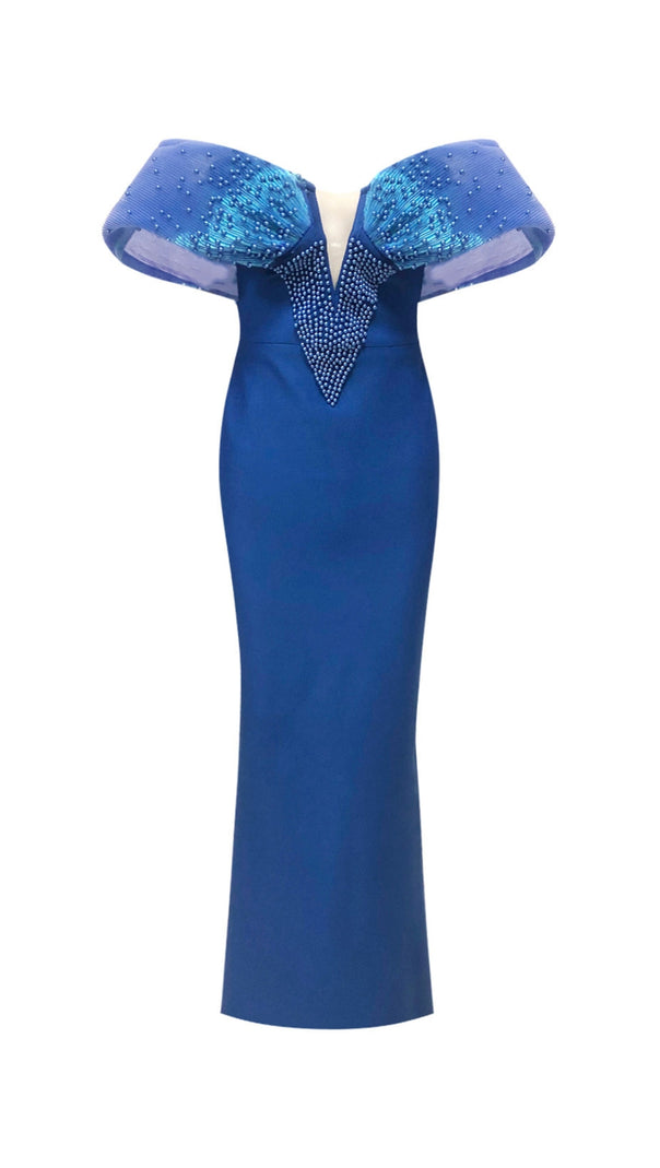 AIIZIE OFF-SHOULDER PEARL EMBELLISHED BODYCON MAXI DRESS IN BLUE - product image