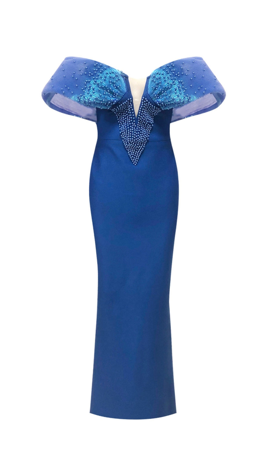 Schulterfreies, figurbetontes Maxikleid mit Perlenverzierung in Blau