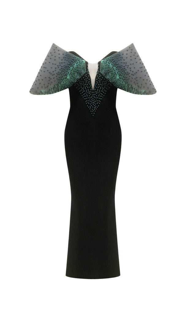 AIIZIE OFF-SHOULDER PEARL EMBELLISHED BODYCON MAXI DRESS IN BLACK - product image
