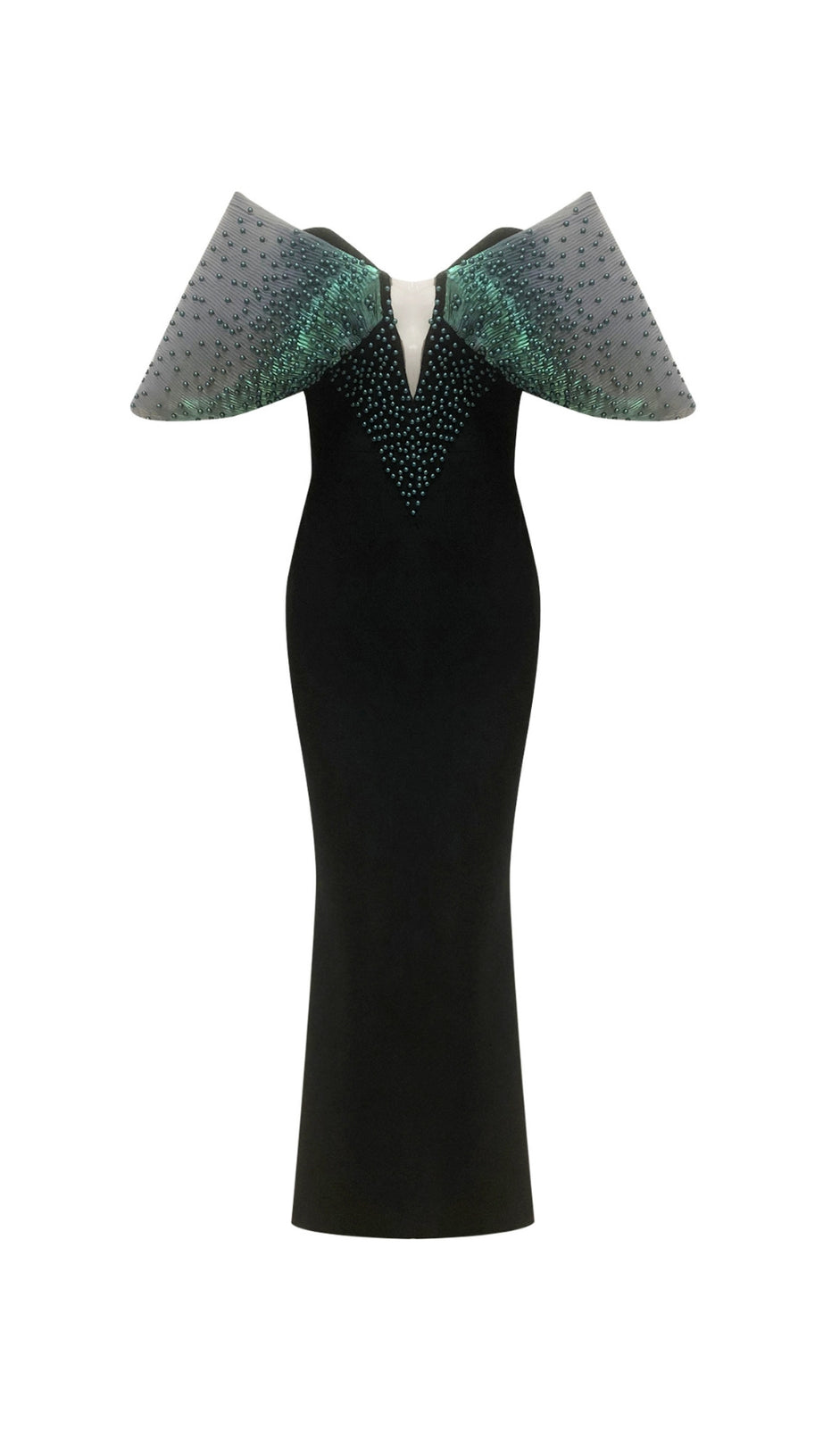 Schulterfreies, figurbetontes Maxikleid mit Perlenverzierung in Schwarz