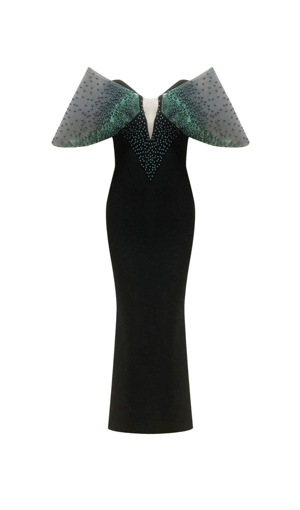 Off-Shoulder pearl embellished bodycon maxi dress in black