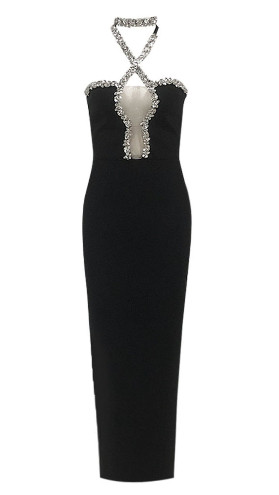 DIAMOND-EMBELLISHED HALTERNECK FITTED BANDAGE MAXI DRESS BLACK