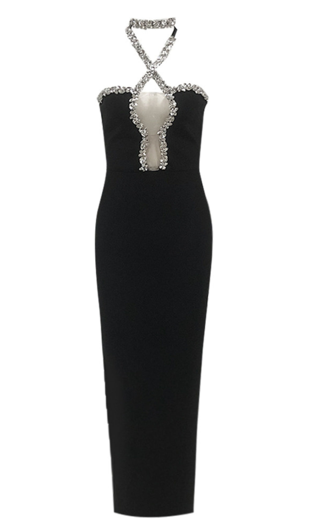 DIAMOND-EMBELLISHED HALTERNECK FITTED BANDAGE MAXI DRESS BLACK