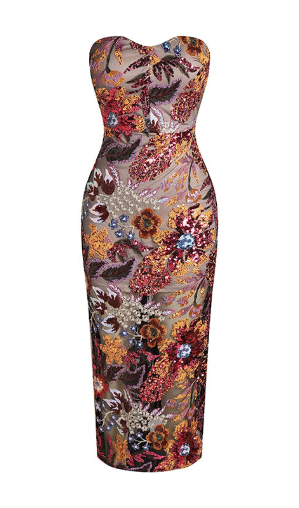 STRAPLESS DAHLIA SEQUINS EMBROIDERED MAXI DRESS