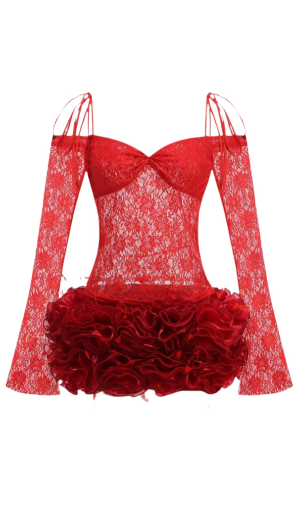 AIIZIE HELEN LACE FLORAL APPLIQUÉ TWO PIECE SET IN RED - product image