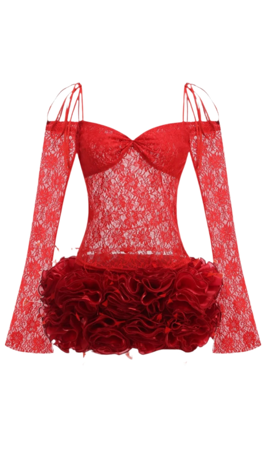 HELEN LACE FLORAL APPLIQUÉ TWO PIECE SET IN RED