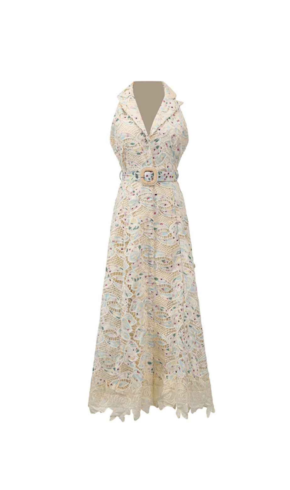 chloe sleeveless hollow lace maxi dress in beige