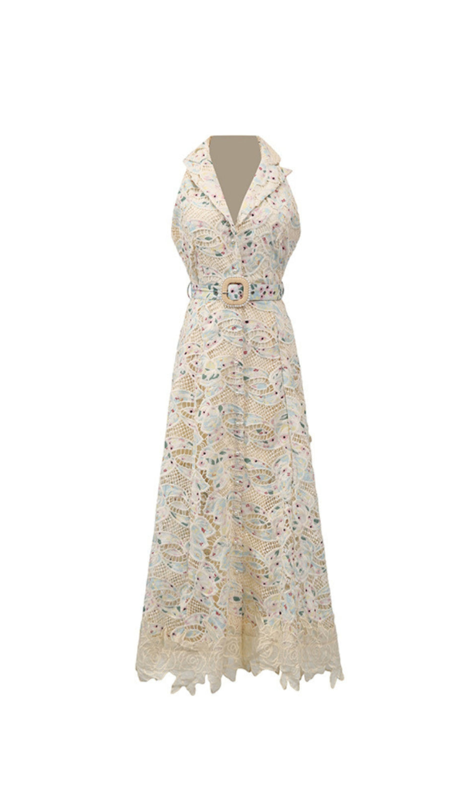 CHLOE SLEEVELESS HOLLOW LACE MAXI DRESS IN BEIGE