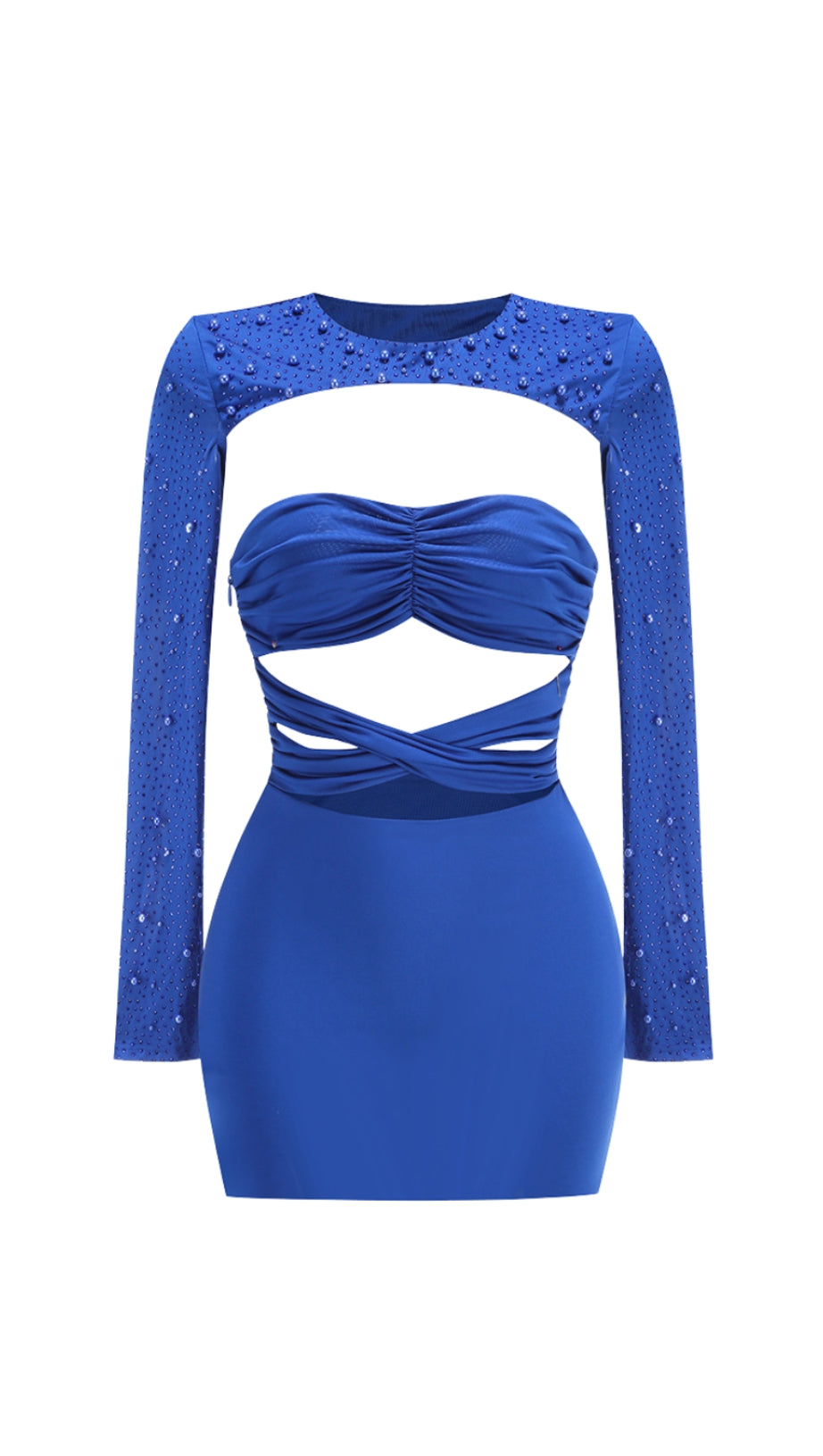 PEARL CUT OUT LONG SLEEVE BODYCON MINI DRESS IN BLUE