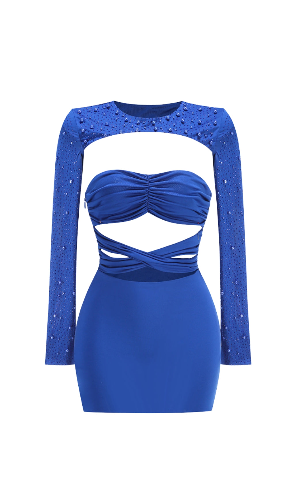 pearl cut out long sleeve bodycon mini dress in blue
