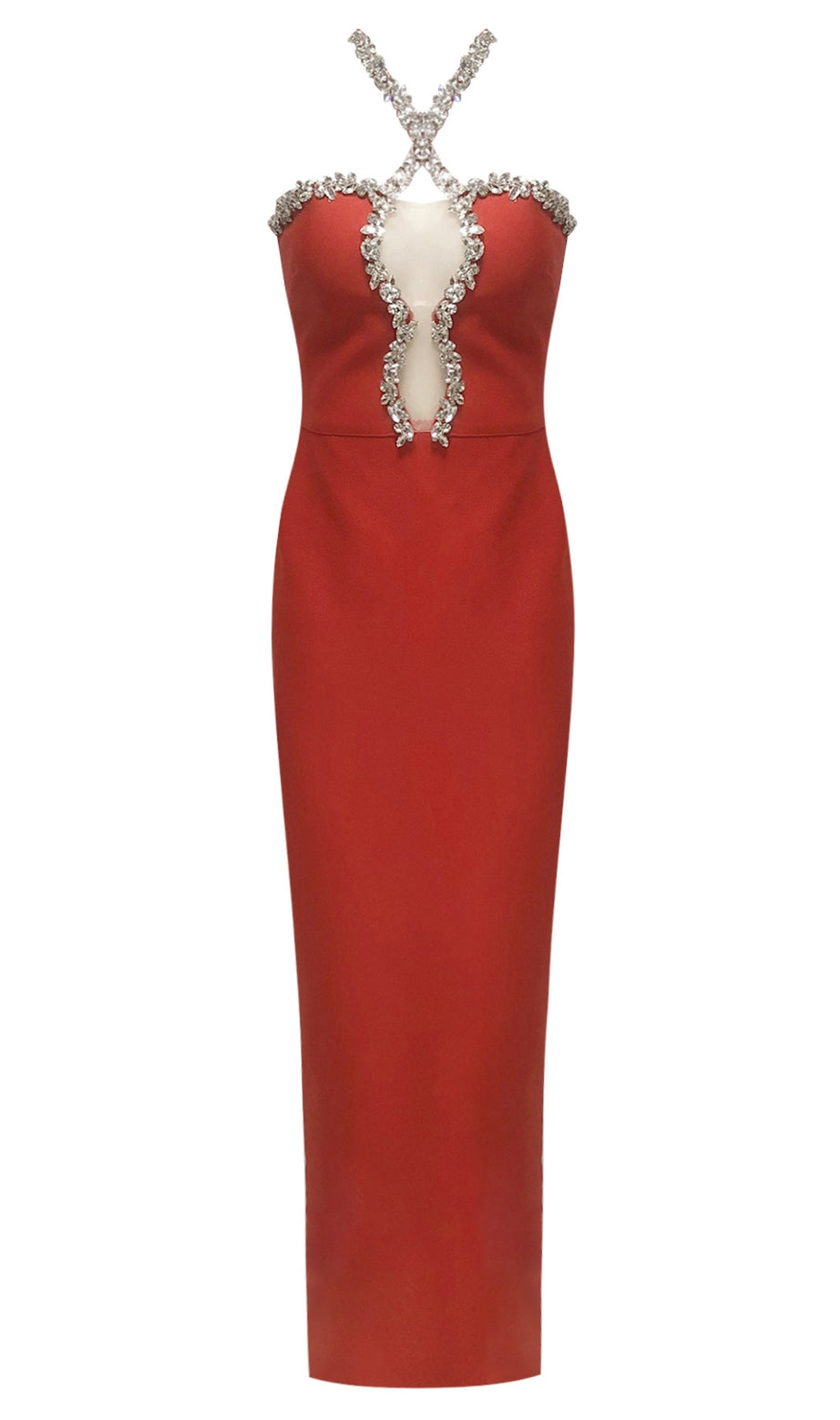 Diamond-embellished halterneck fitted bandage Maxi Dress red
