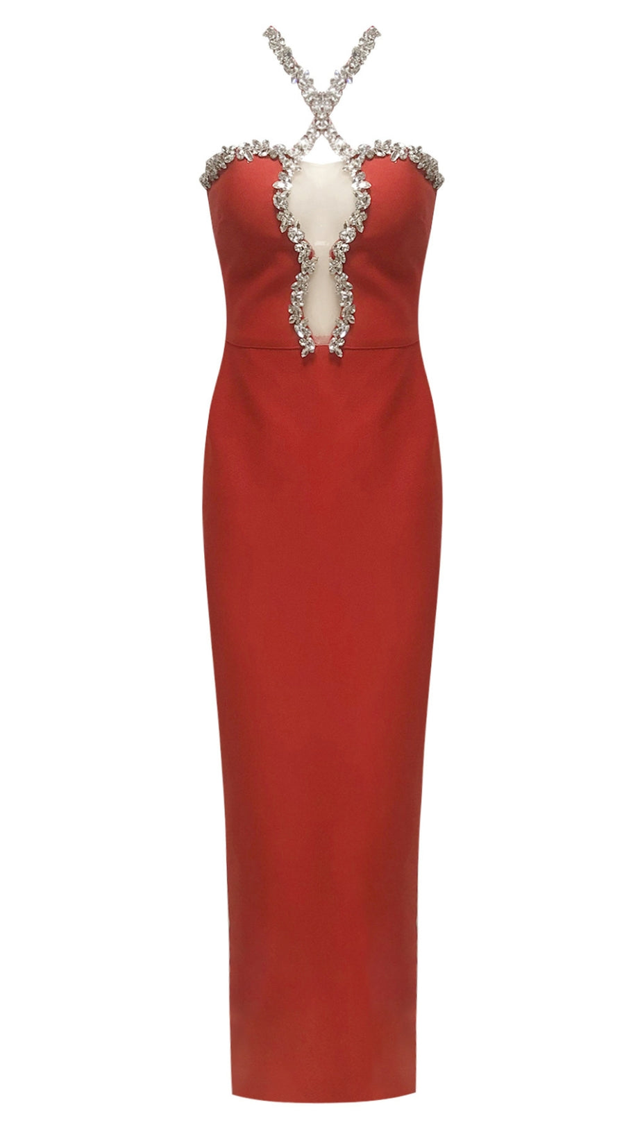 DIAMOND-EMBELLISHED HALTERNECK FITTED BANDAGE MAXI DRESS RED