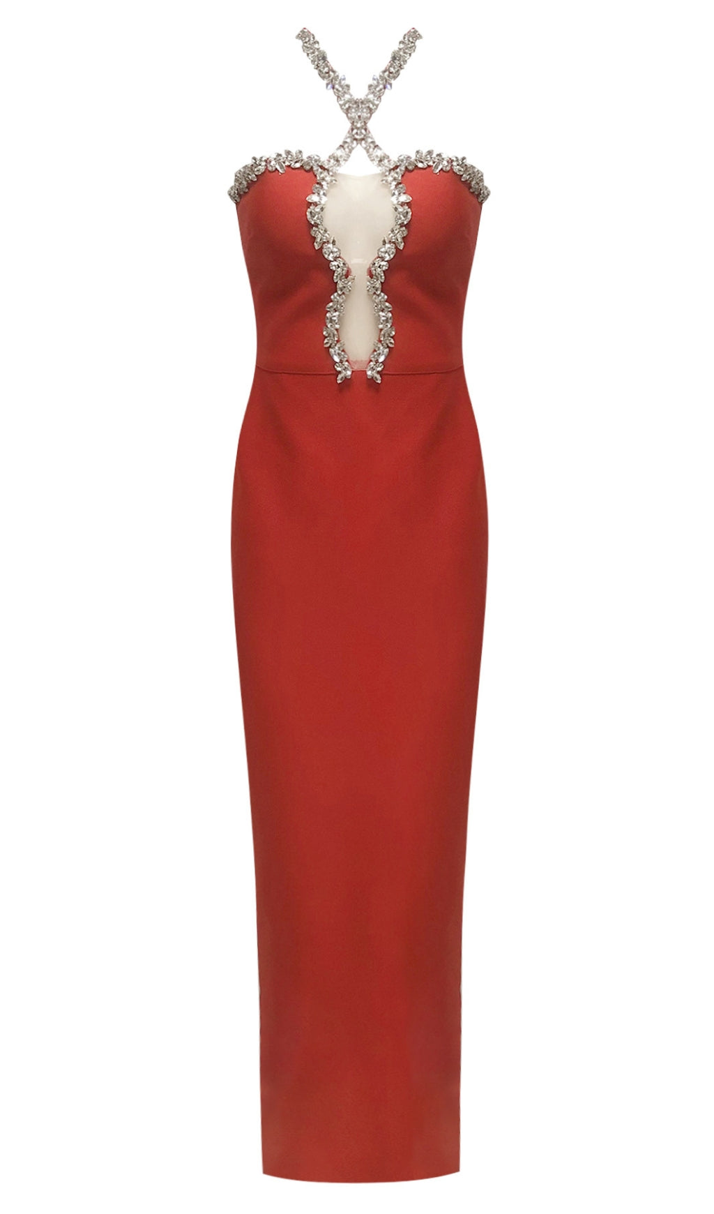 DIAMOND-EMBELLISHED HALTERNECK FITTED BANDAGE MAXI DRESS RED