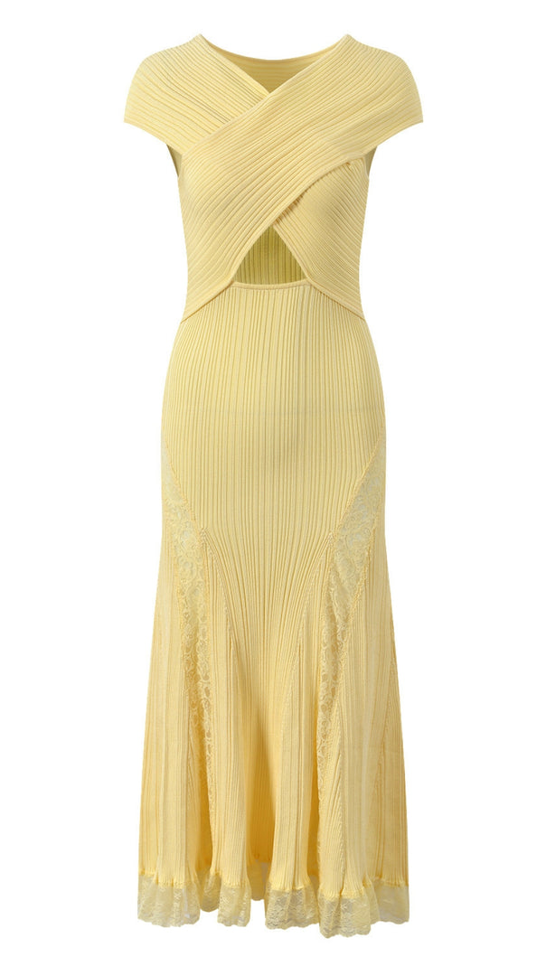 AIIZIE Yellow Knit Lace-Insert Midi Dress - product image
