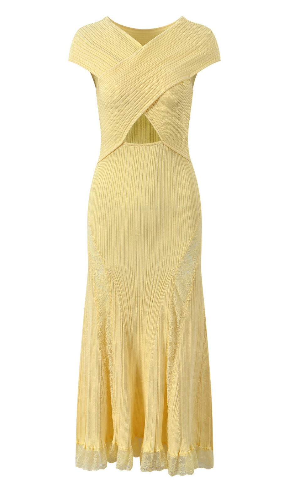 Yellow Knit Lace Insert Midi Dress