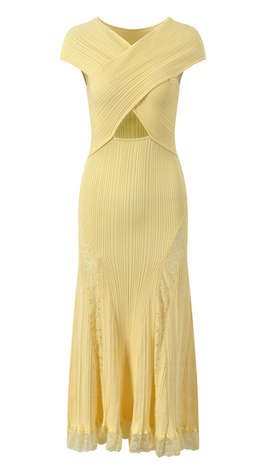 YELLOW KNIT LACE INSERT MIDI DRESS