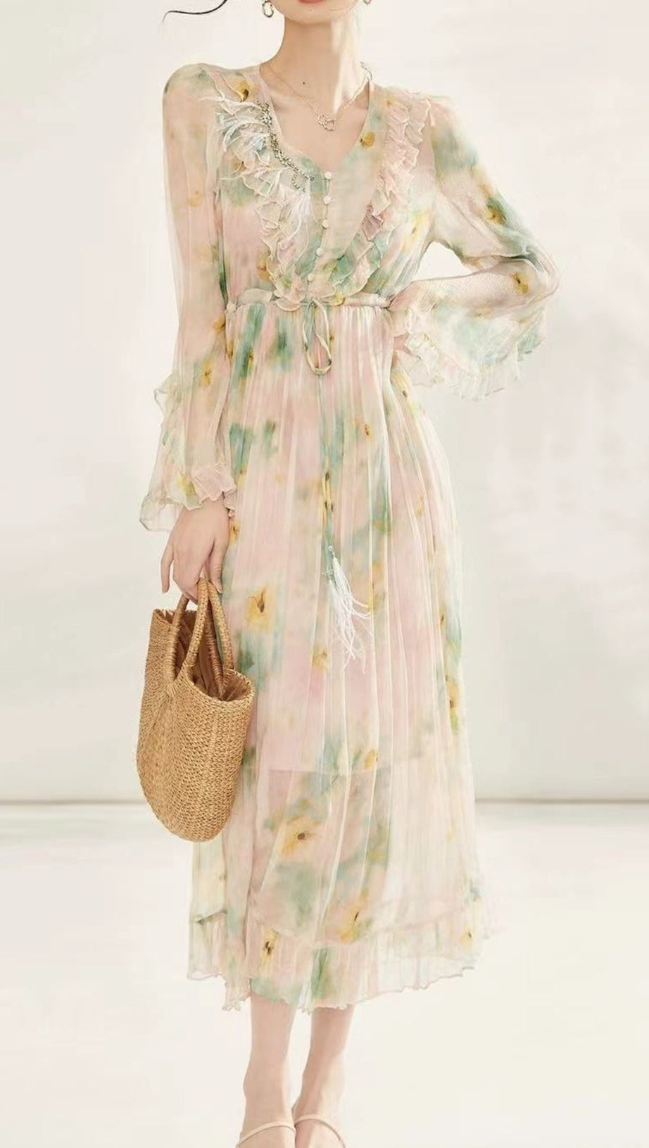 FLORAL PRINT CHIFFON SILK MIDI DRESS IN PALE GREEN