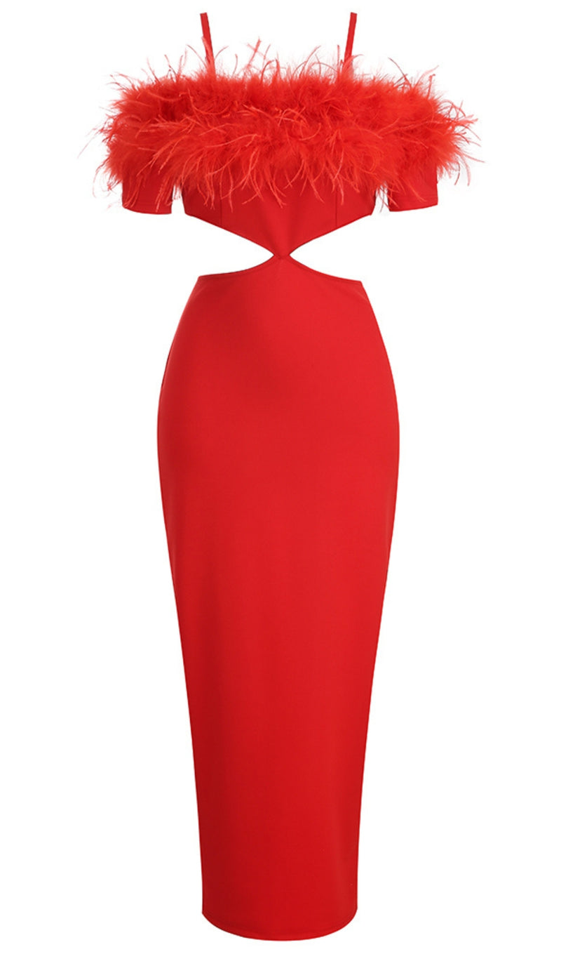 Off-shoulder feather panel red dress