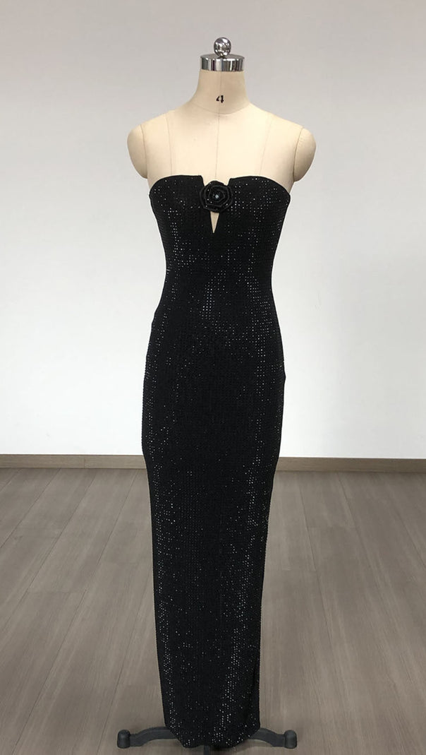 AIIZIE STRAPLESS RHINESTONE ROSE MAXI DRESS IN BLACK - product image