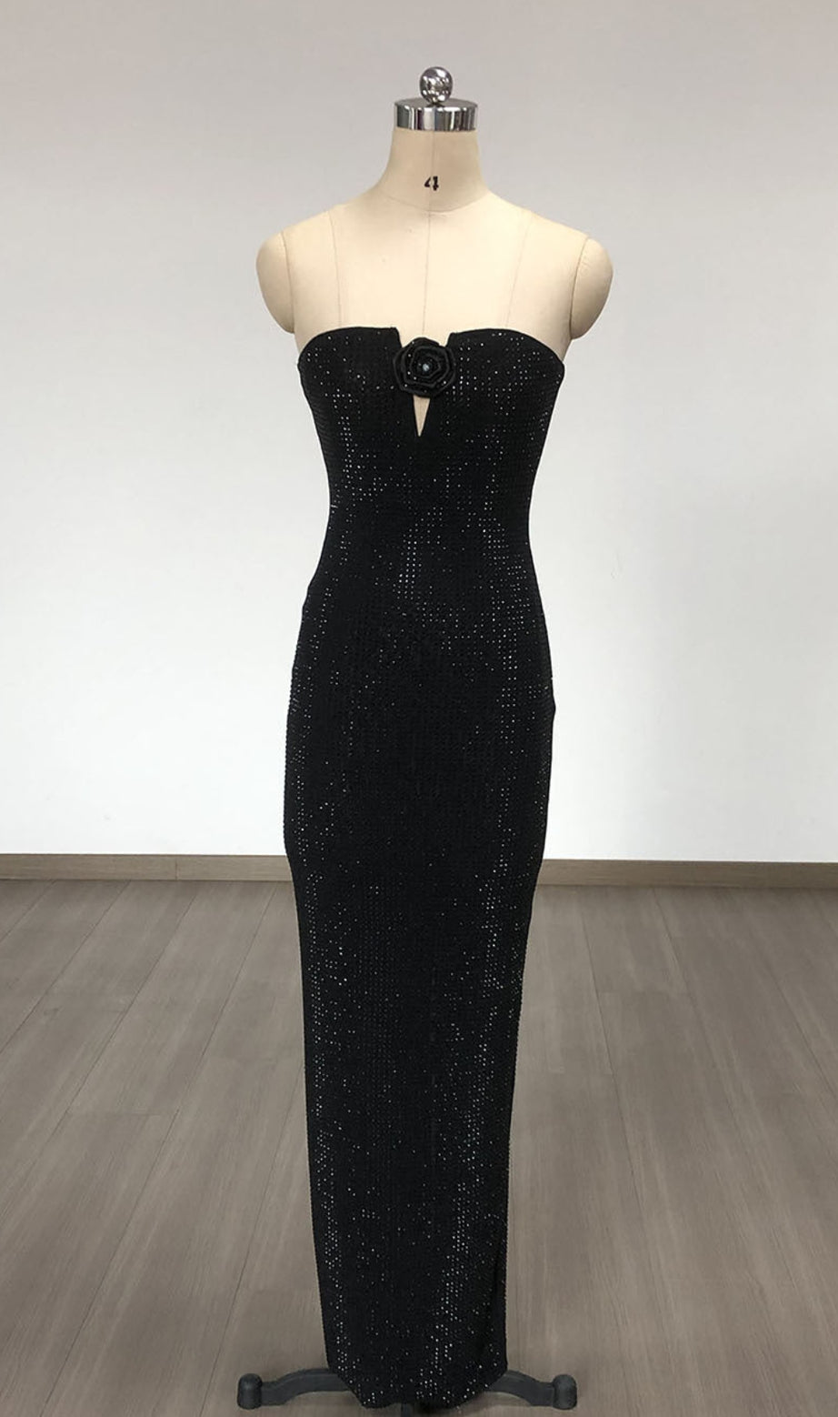 Strapless Rhinestone rose maxi dress in black