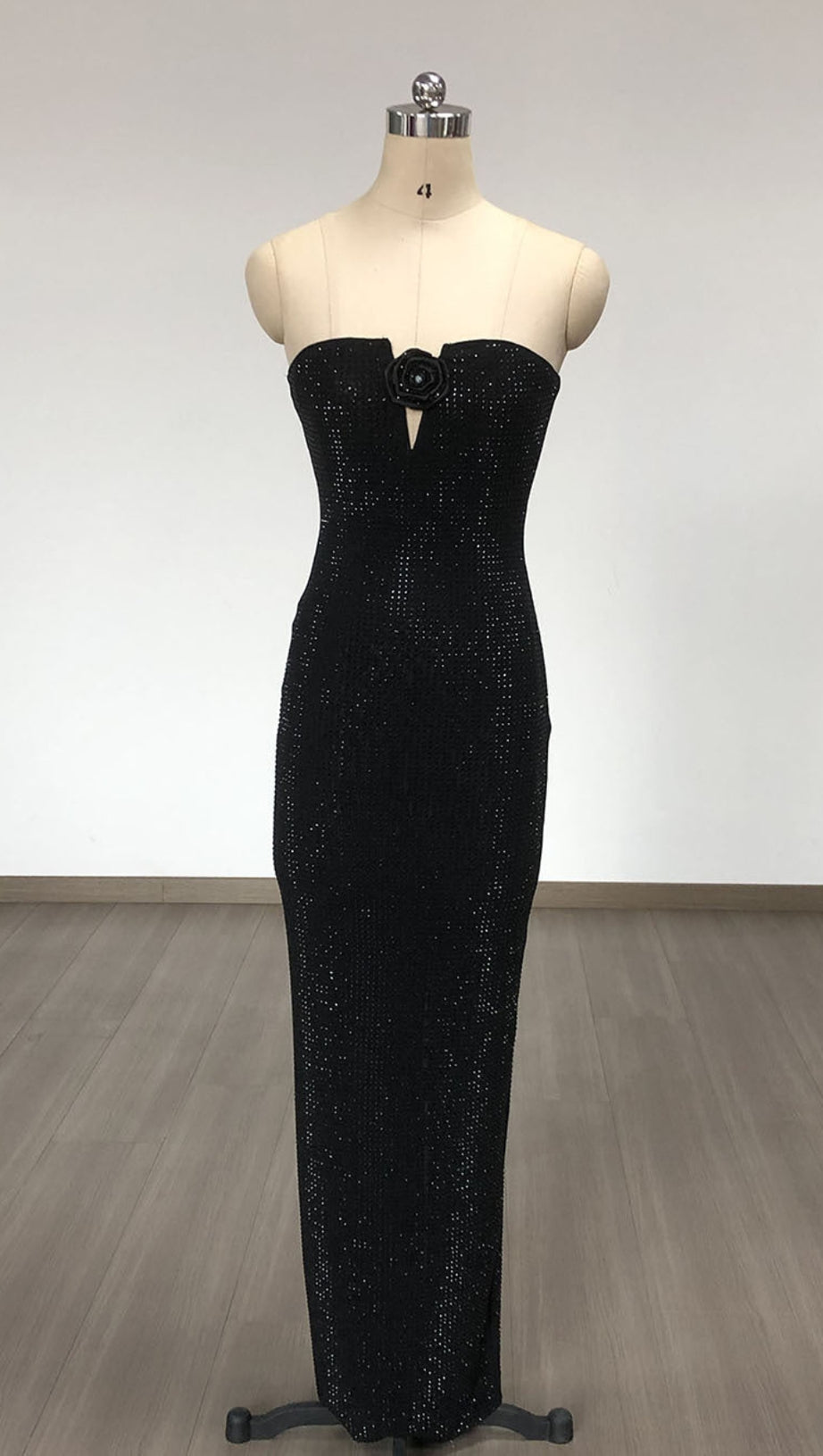 STRAPLESS RHINESTONE ROSE MAXI DRESS IN BLACK