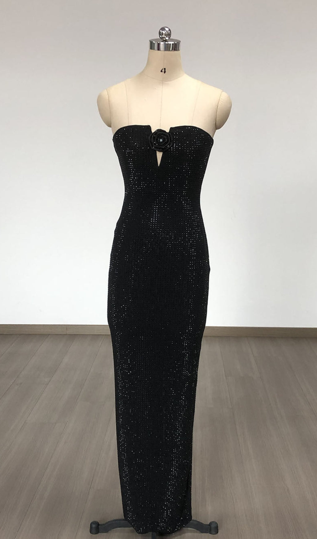 STRAPLESS RHINESTONE ROSE MAXI DRESS IN BLACK
