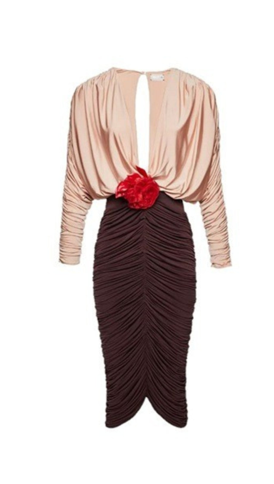 LONG SLEEVE TWO-TONE PLEATED MIDI DRESS IN BROWN
