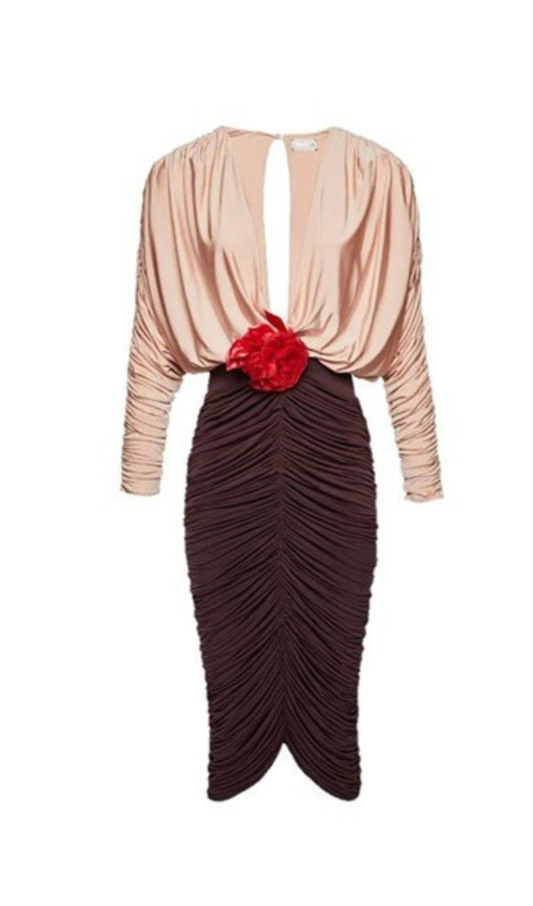 Long Sleeve Two-Tone pleated Midi Dress in Brown