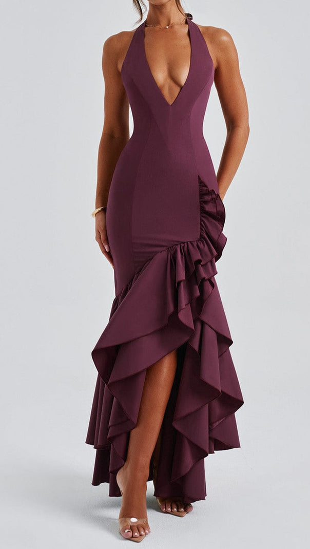 AIIZIE VERONIQUE RUFFLE HEM MAXI DRESS IN CHERRY LACQUER - product image
