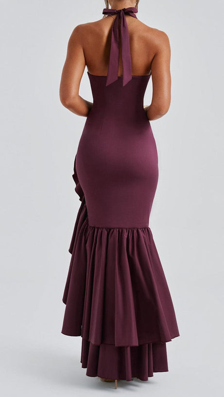 Veronique Maxikleid mit Rüschensaum in Kirschlack