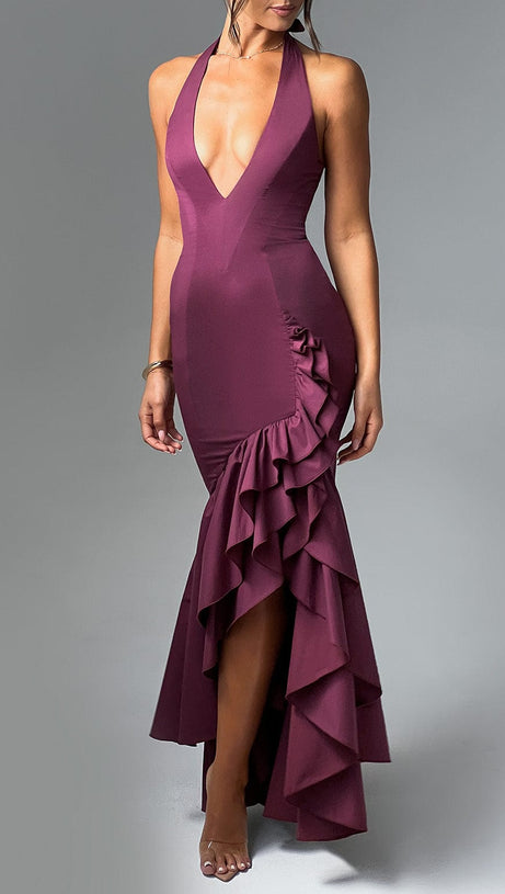 Veronique Maxikleid mit Rüschensaum in Kirschlack