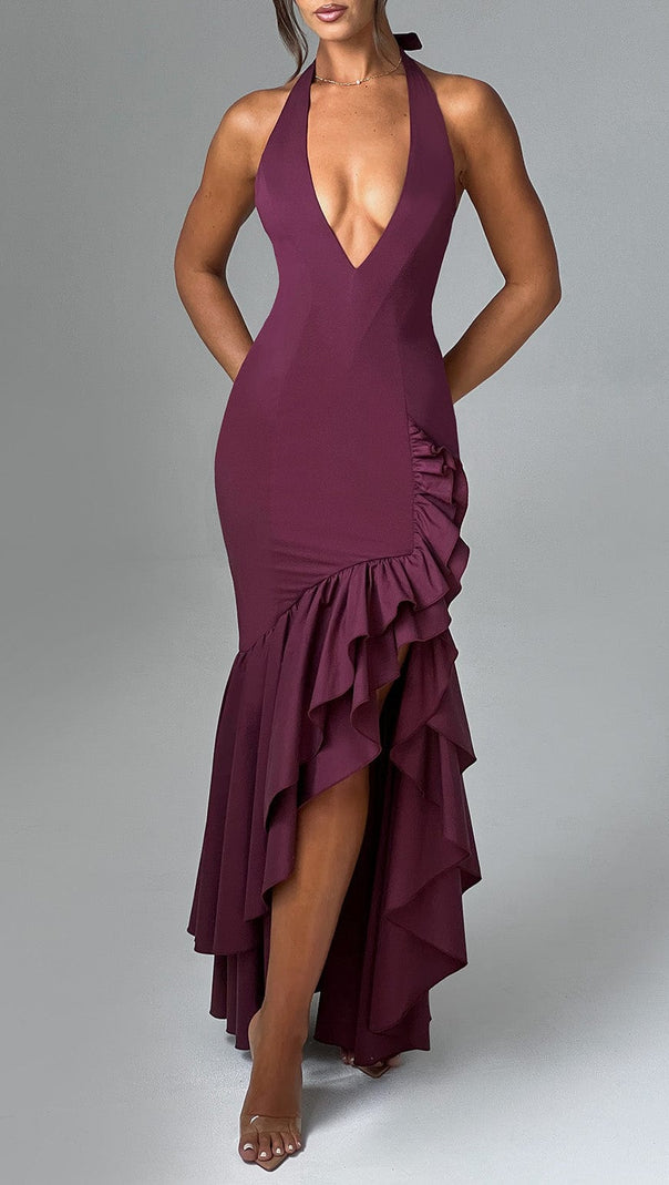 AIIZIE VERONIQUE RUFFLE HEM MAXI DRESS IN CHERRY LACQUER - product image