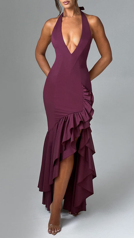 Veronique Maxikleid mit Rüschensaum in Kirschlack