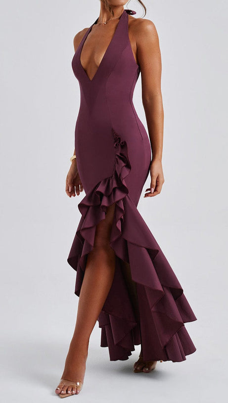 Veronique Maxikleid mit Rüschensaum in Kirschlack